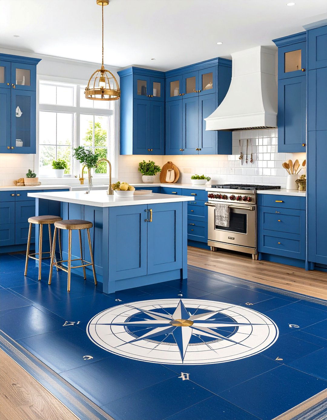 Deep Navy Blue with Compass Rose Medallion Center - 25 Linoleum Kitchen Flooring Ideas