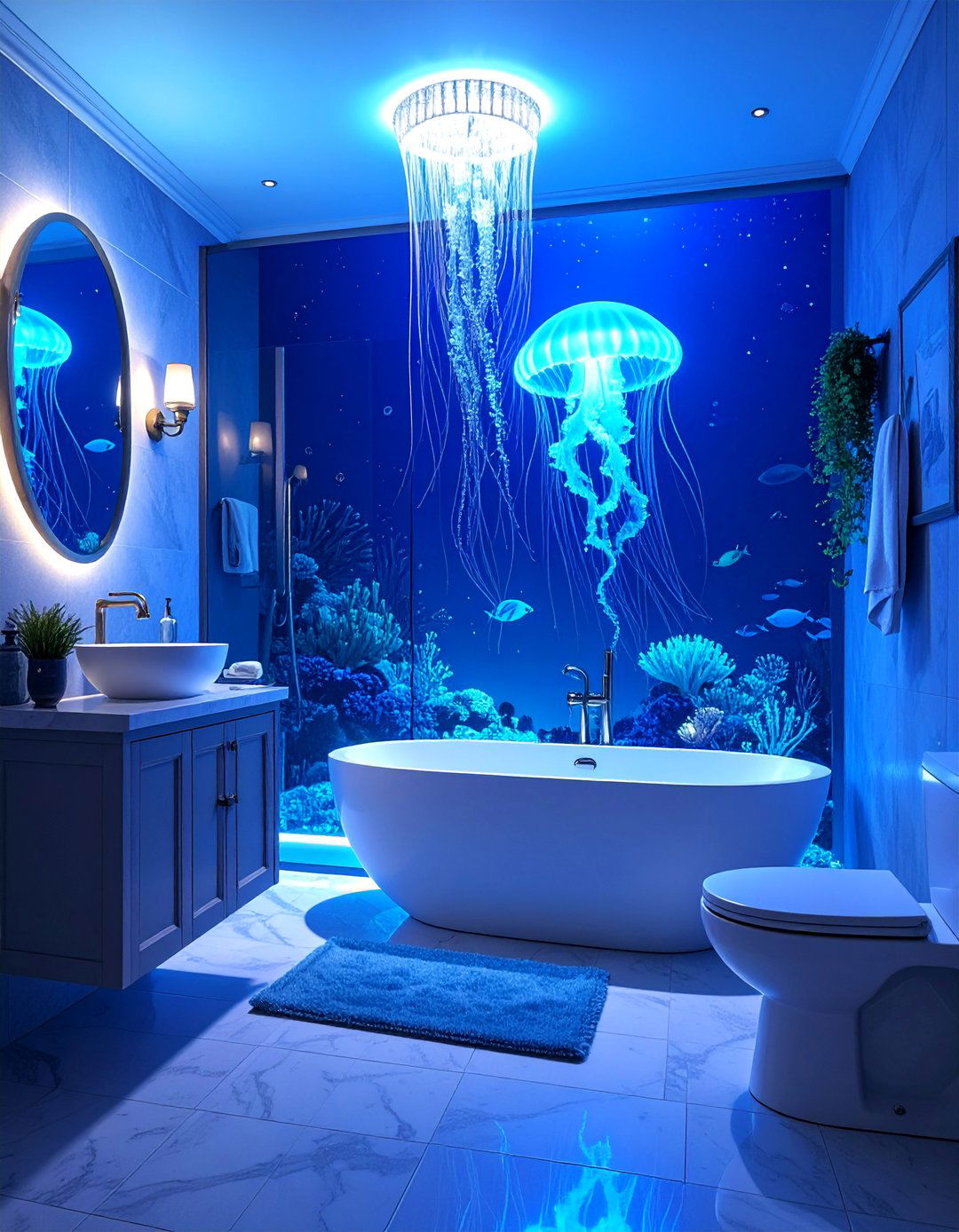 Deep Ocean Abyss with Bioluminescent Life - 25 Bathroom Mural Ideas