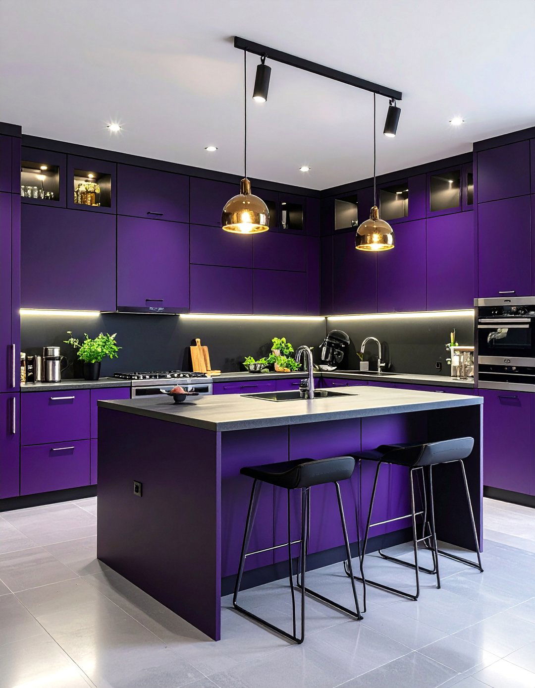Deep Purple Black Kitchen with Silver Hardware - 25 Dark Kitchen Ideas