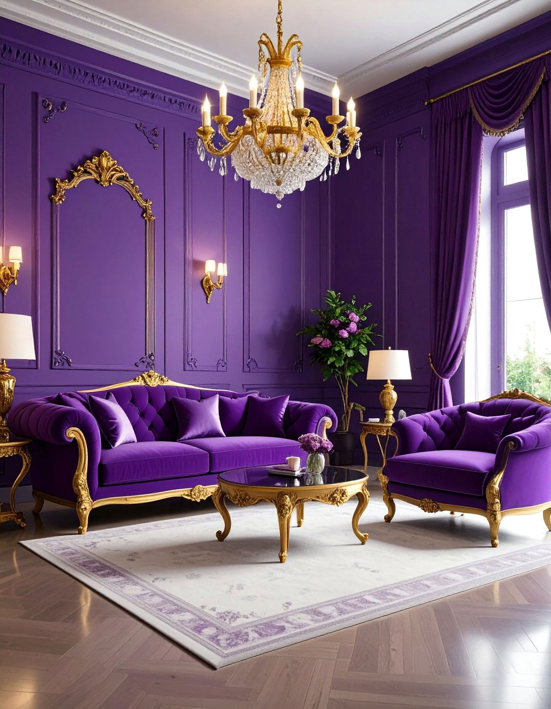 Deep Purple Living Room with Luxurious Textures - 25 Monochromatic Living Room Ideas