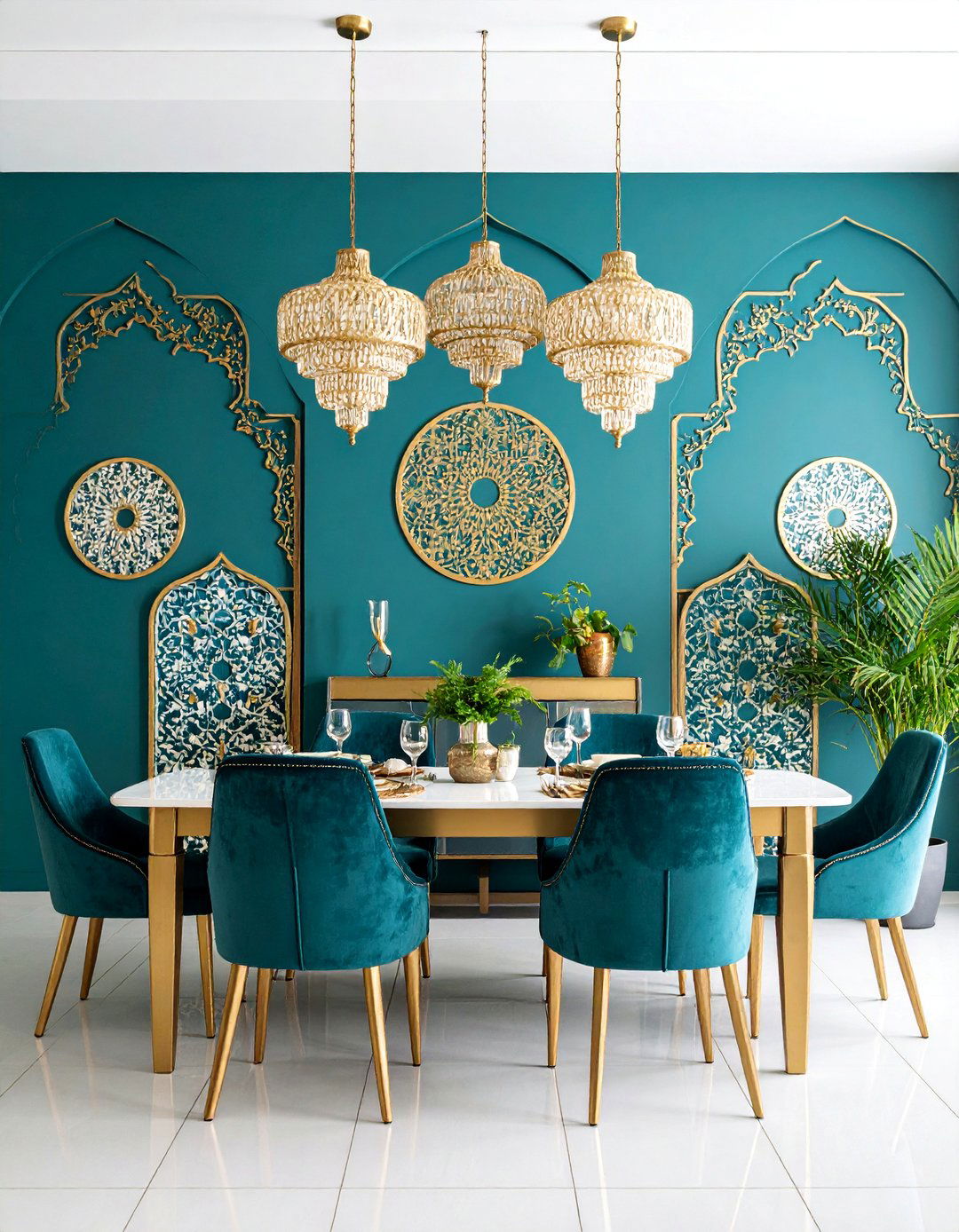 Deep Teal Accent Wall with Moroccan Tile Stencil Pattern - 25 Wall Painting Ideas of Any Room