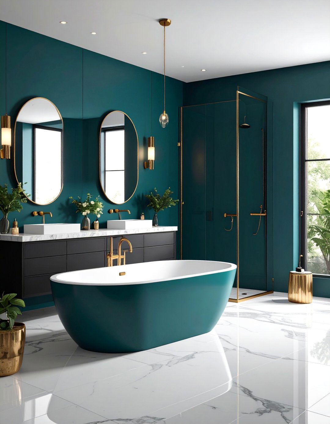 Deep Teal Bathroom with Black Hardware - 25 Bathroom Color Ideas