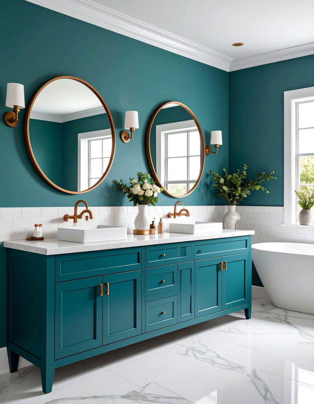 Deep Teal Blue Green with Copper Accents - 25 Bathroom Cabinet Color Ideas
