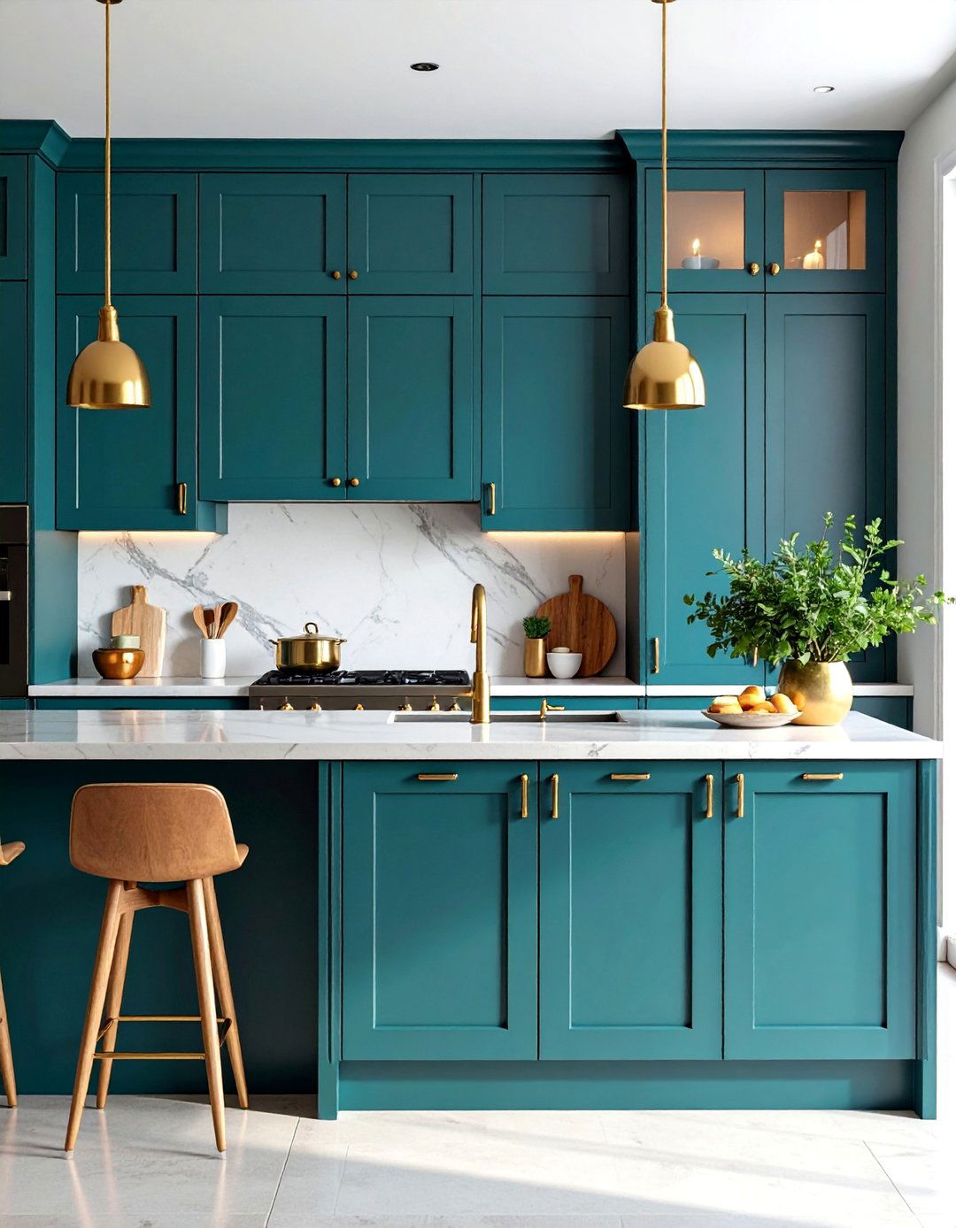Deep Teal Kitchen Cabinets with Gold Hardware - 25 Dark Kitchen Ideas