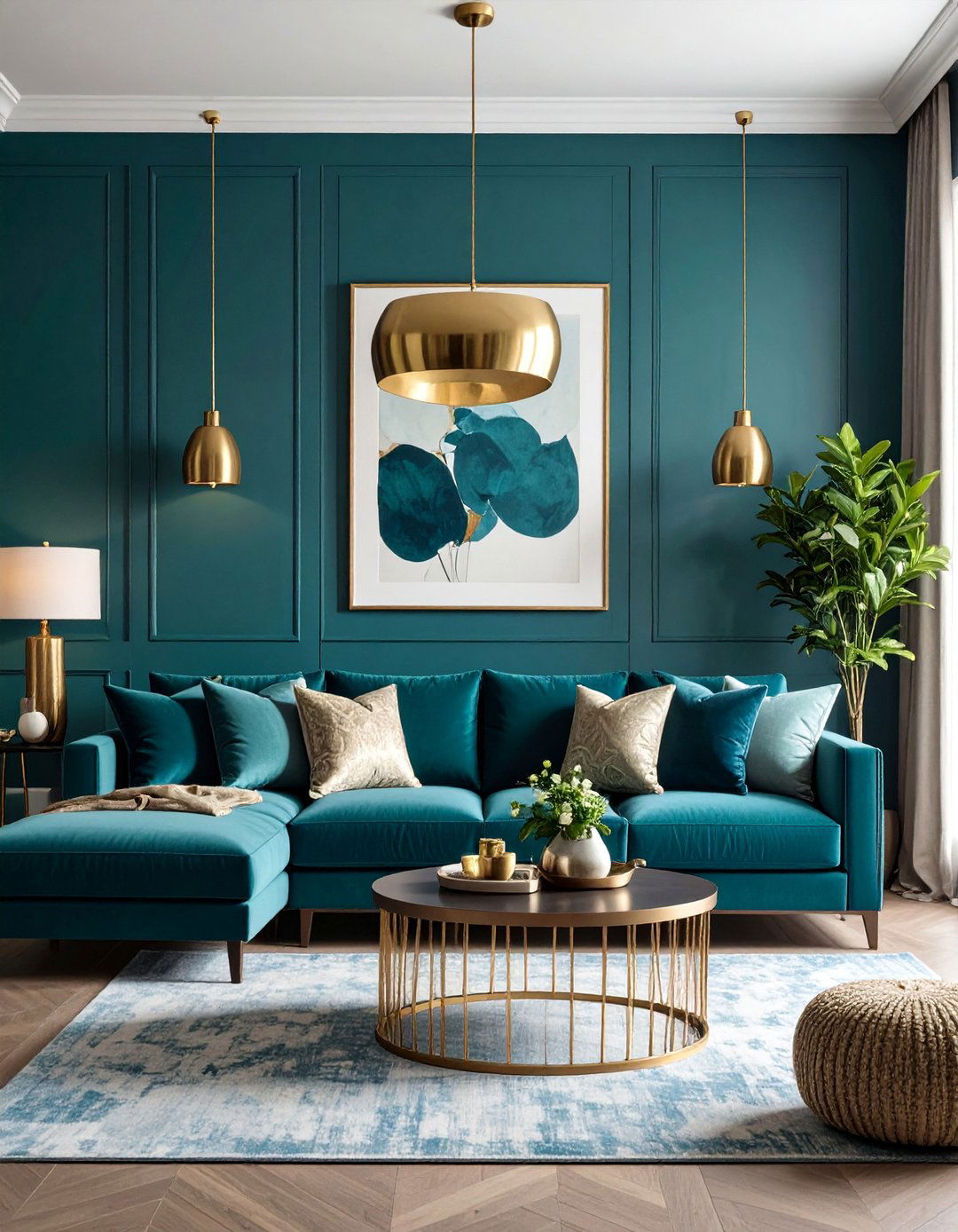 Deep Teal Statement Wall Living Room - 25 Moody Living Room Ideas