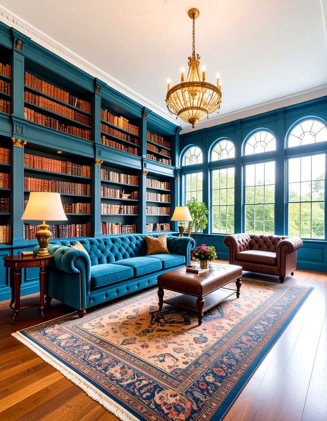 Deep Teal Victorian Library Conservatory with Leather Furnishings - 25 Victorian Sunroom Ideas