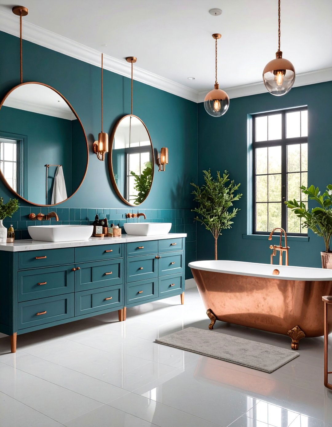 Deep Teal and Copper Industrial Bathroom Design - 25 Colorful Bathroom Ideas