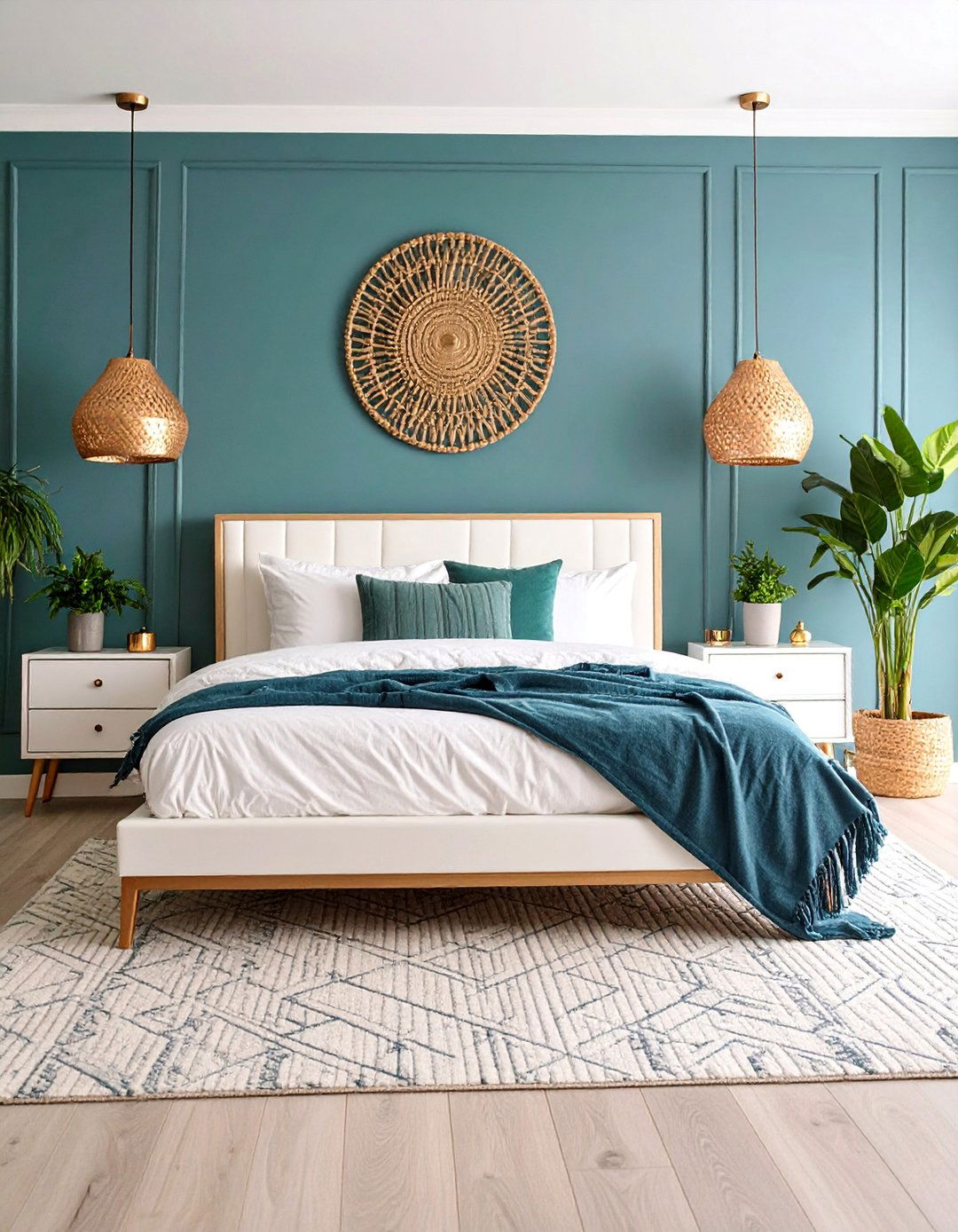 Deep Teal and Rose Gold Bedroom with Modern Boho Elements - 25 Colorful Boho Bedroom Ideas