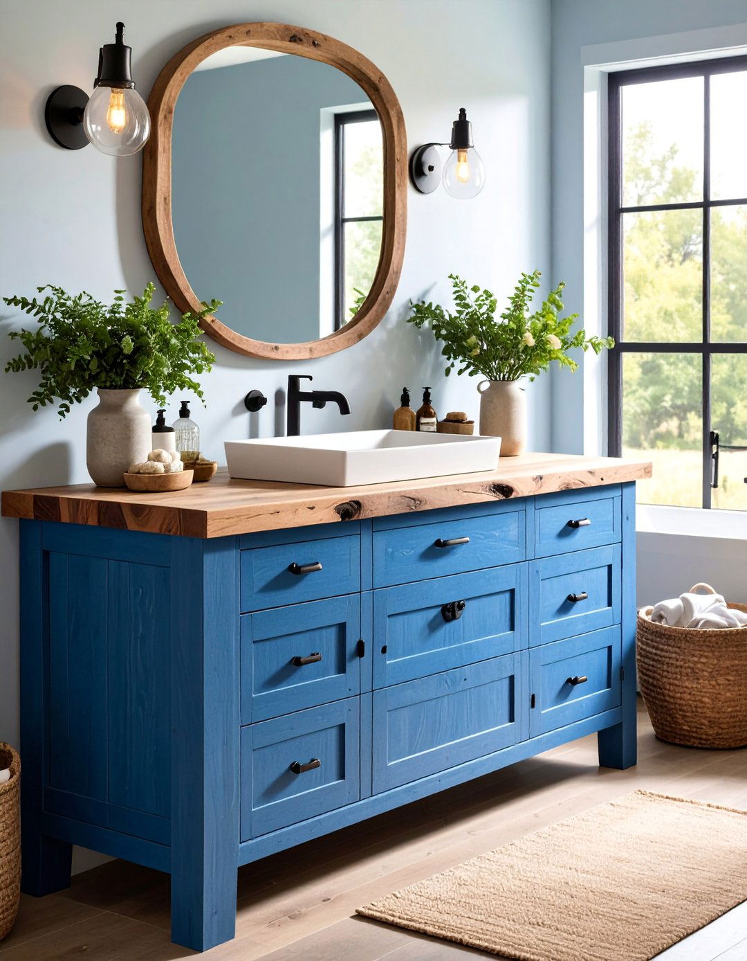 Denim Blue Rustic Vanity with Live Edge Countertop - 25 Blue Bathroom Vanity Ideas