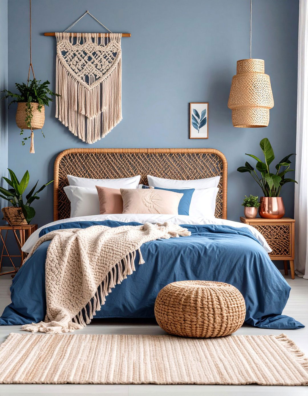 Denim Blue and Rose Gold Boho Bedroom - 25 Blue and Gold Bedroom Ideas