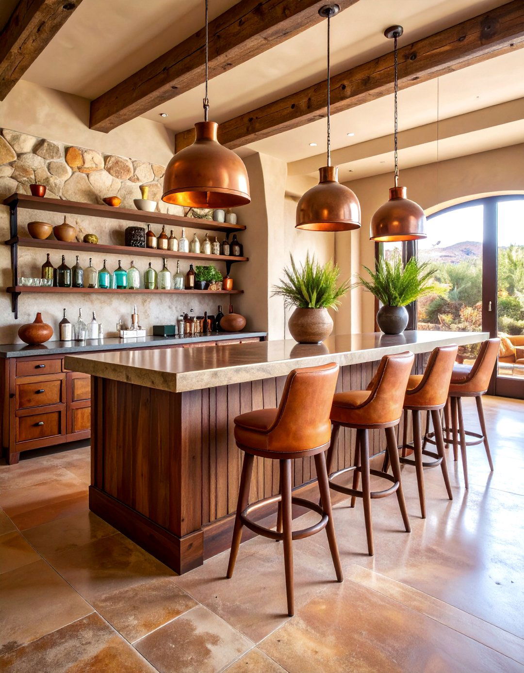 Desert Inspired Home Bar with Copper Elements - 25 Desert Themed Room Ideas