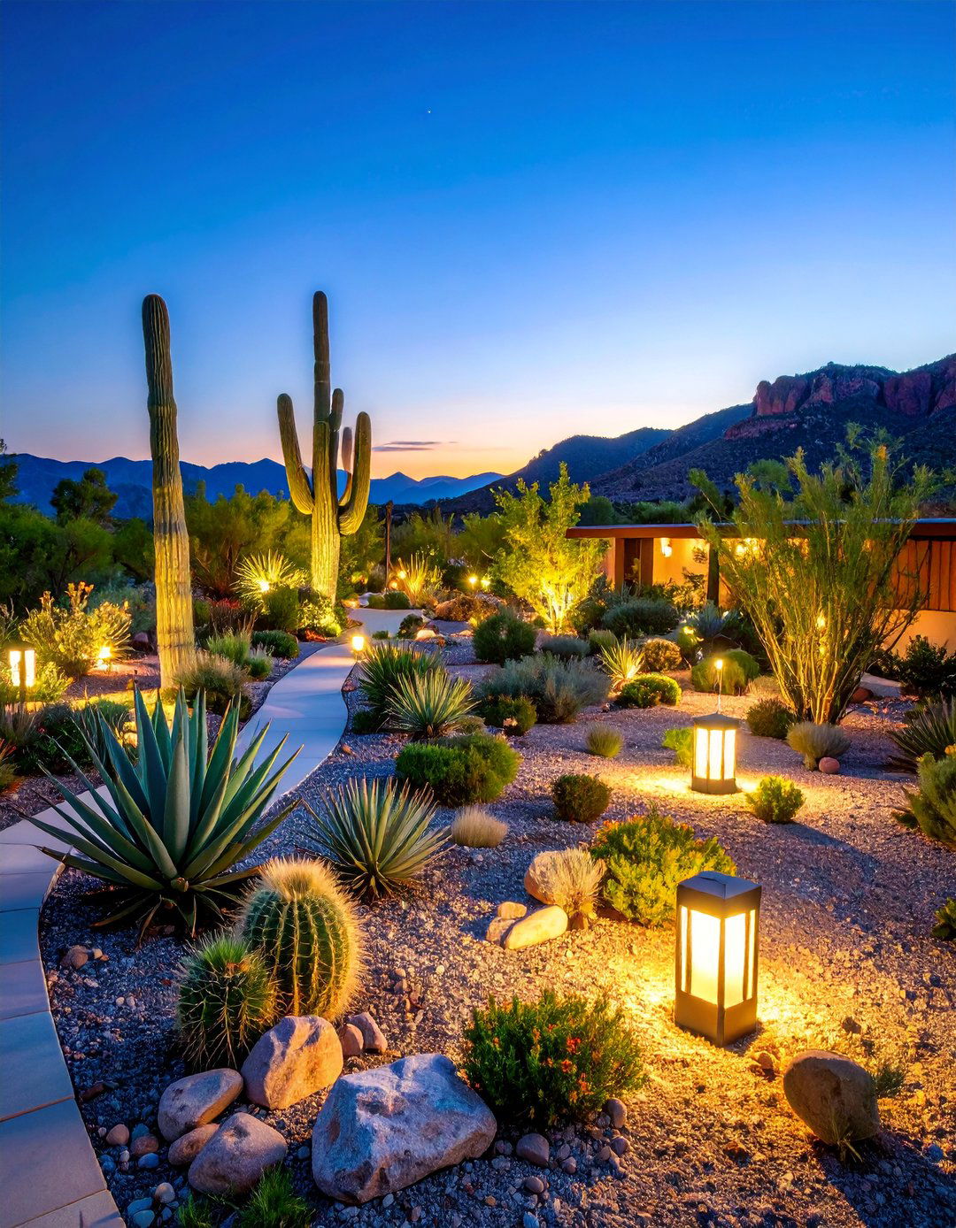 Desert Landscape with Drought Tolerant Solar Fixtures - 25 Landscape Lighting Ideas