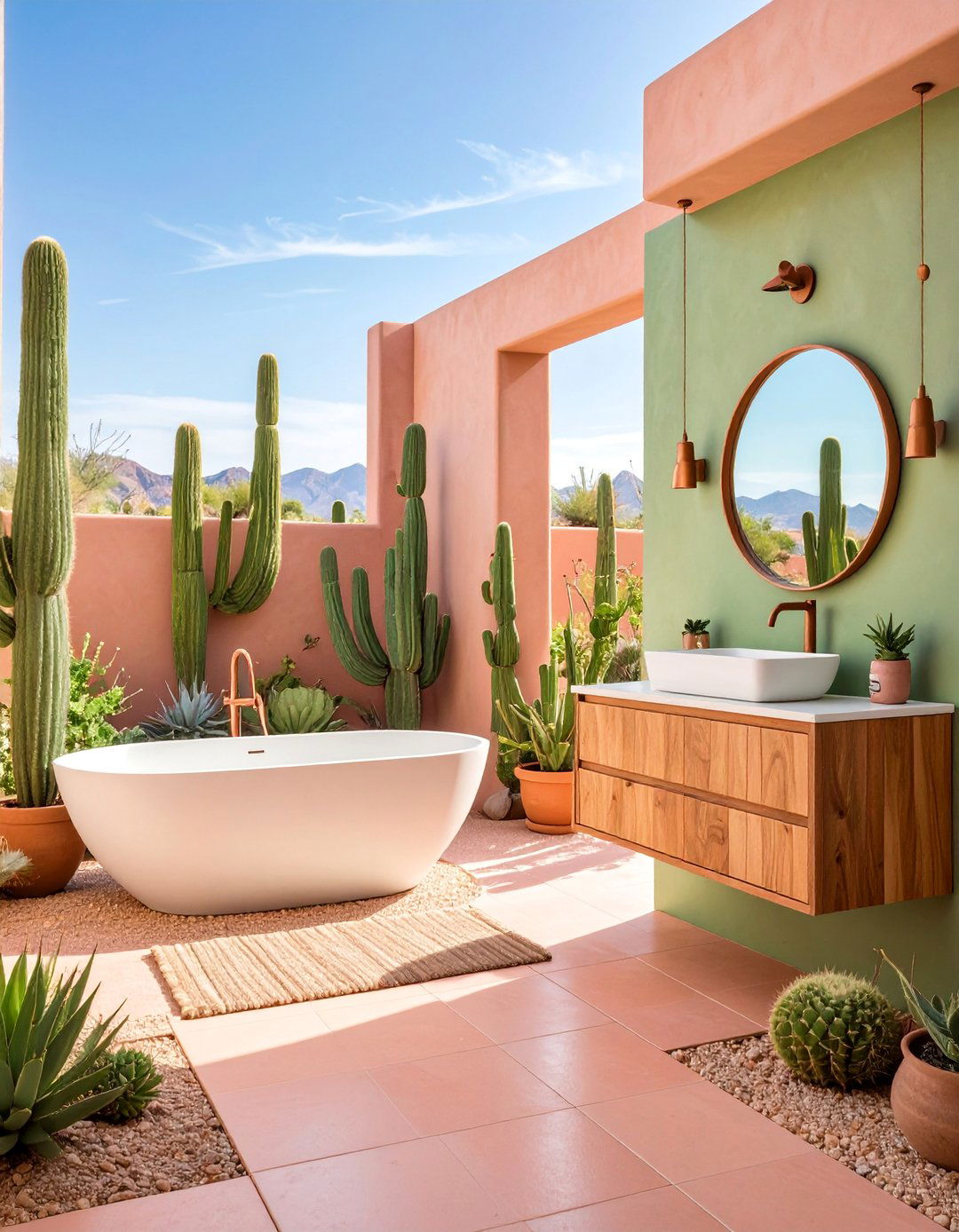 Desert Modern Bathroom with Sage Green Stucco and Coral Pink Stone - 25 Pink and Green Bathroom Design Ideas