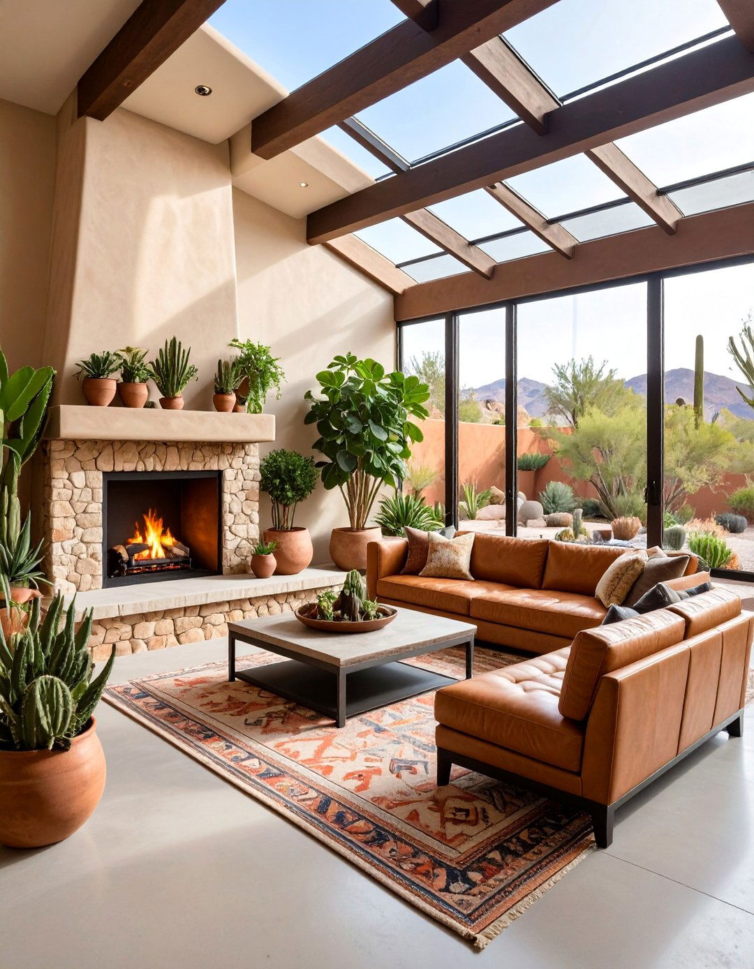 Desert Modern Sunroom with Steel Fireplace and Southwestern Elements - 25 Sunroom With Fireplace