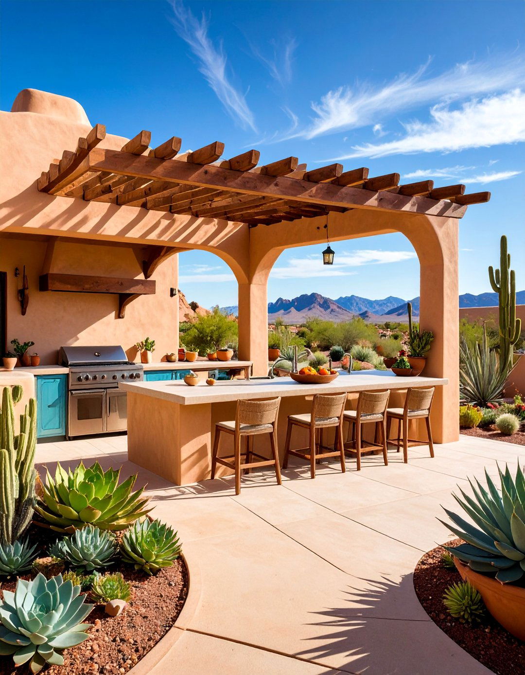 Desert Oasis Stucco Outdoor Kitchen with Shade Pergola - 25 Stucco Outdoor Kitchen Ideas