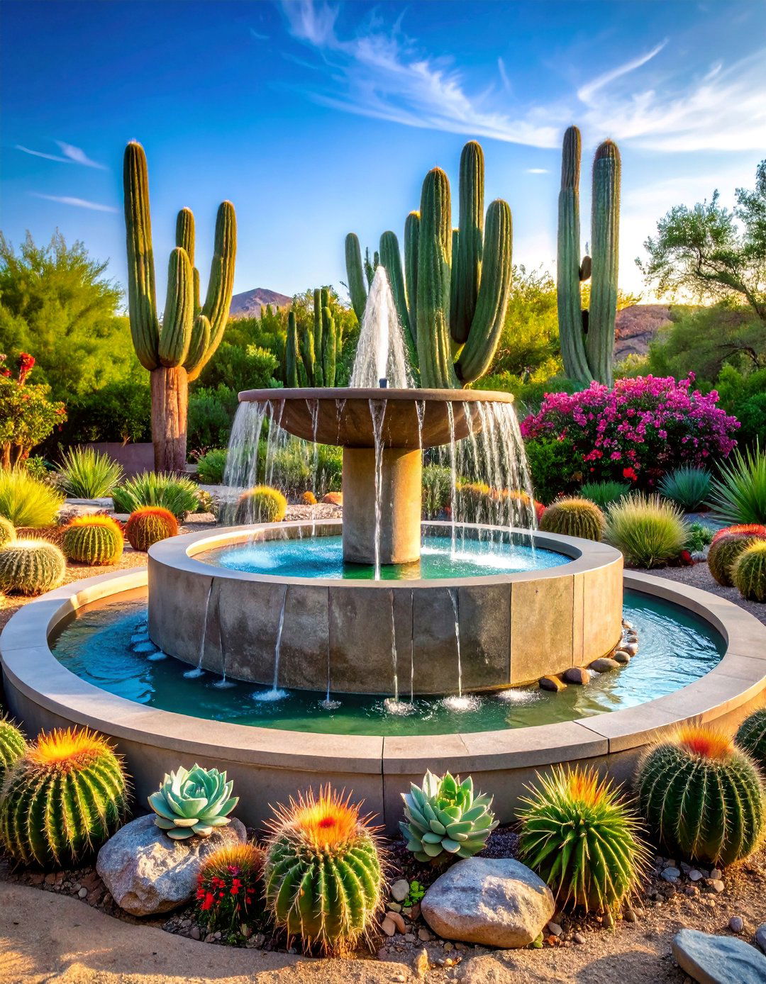 Desert Succulent Fountain with Drought Tolerant Landscaping - 25 Water Feature Ideas