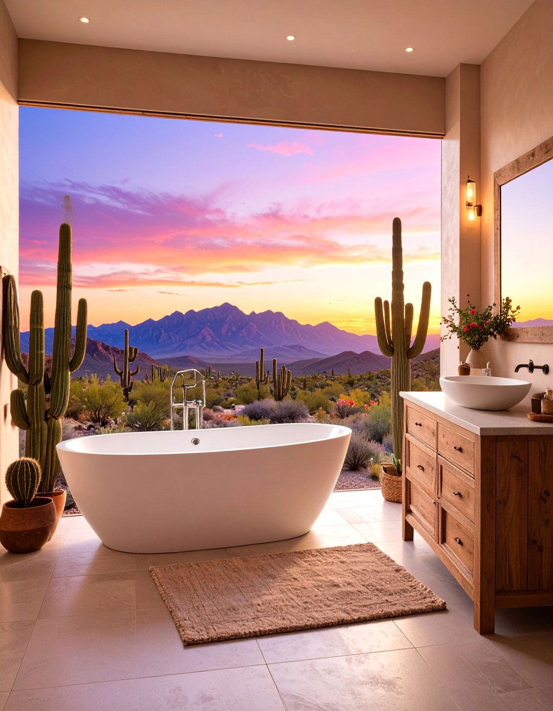 Desert Sunset with Cactus Silhouettes - 25 Bathroom Mural Ideas