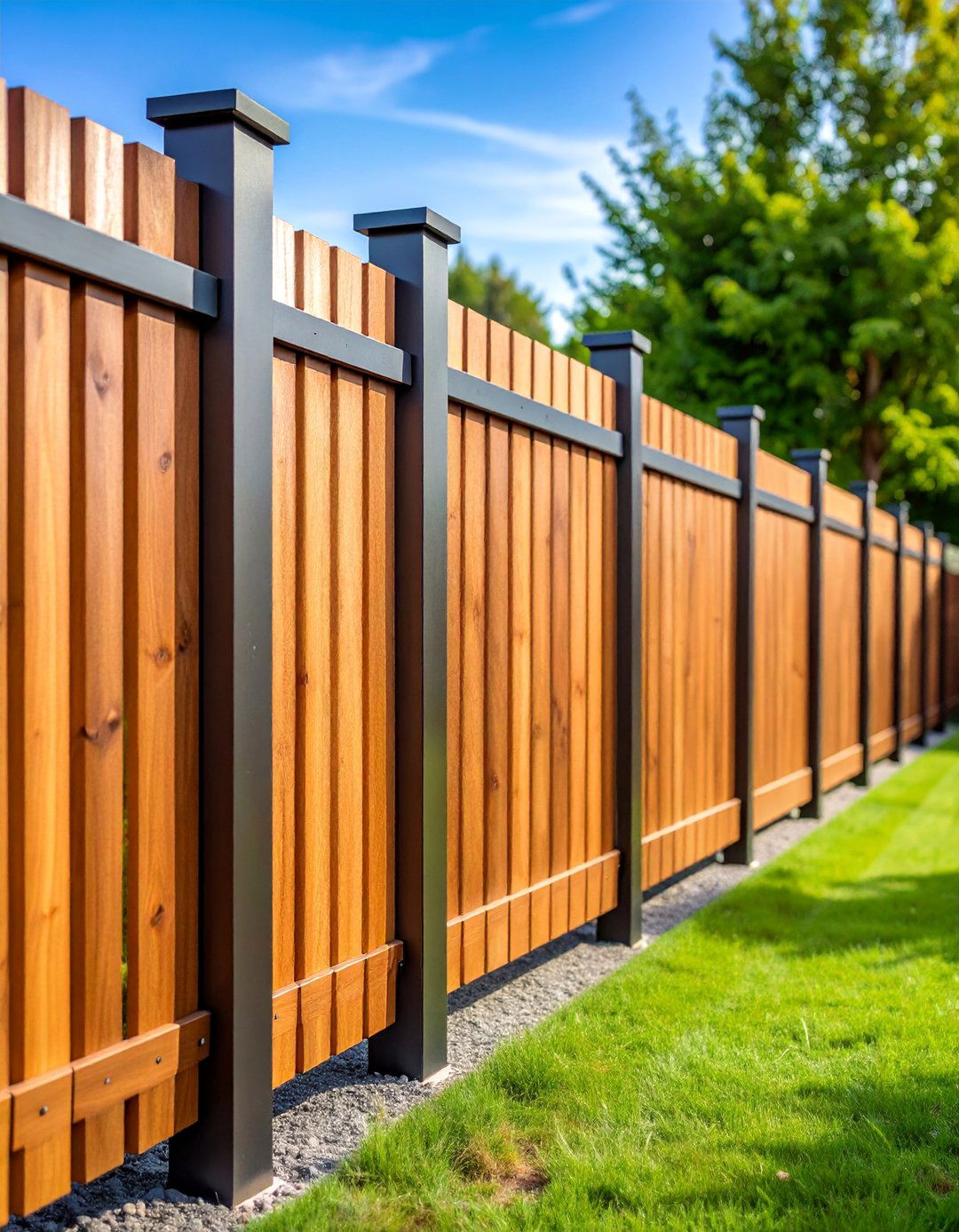 Designer Metal Wood Grain with Steel Posts - 25 Metal and Wood Fence