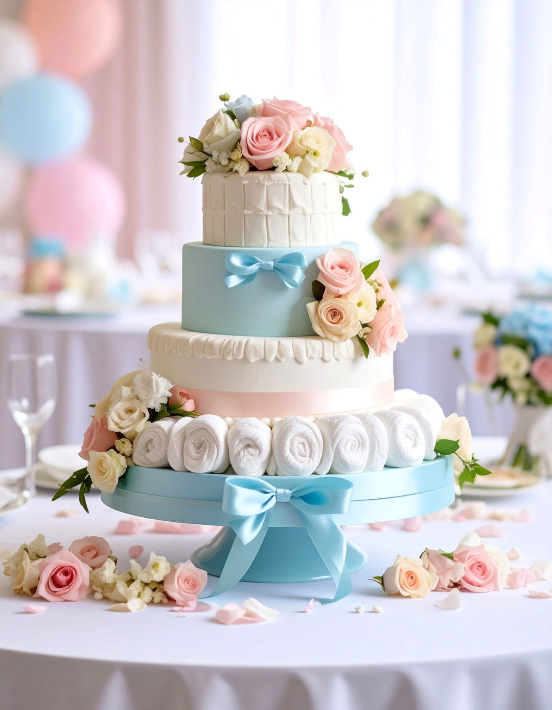 Diaper Cake Centerpiece with Fresh Flowers - 25 Baby Shower Centerpiece Ideas