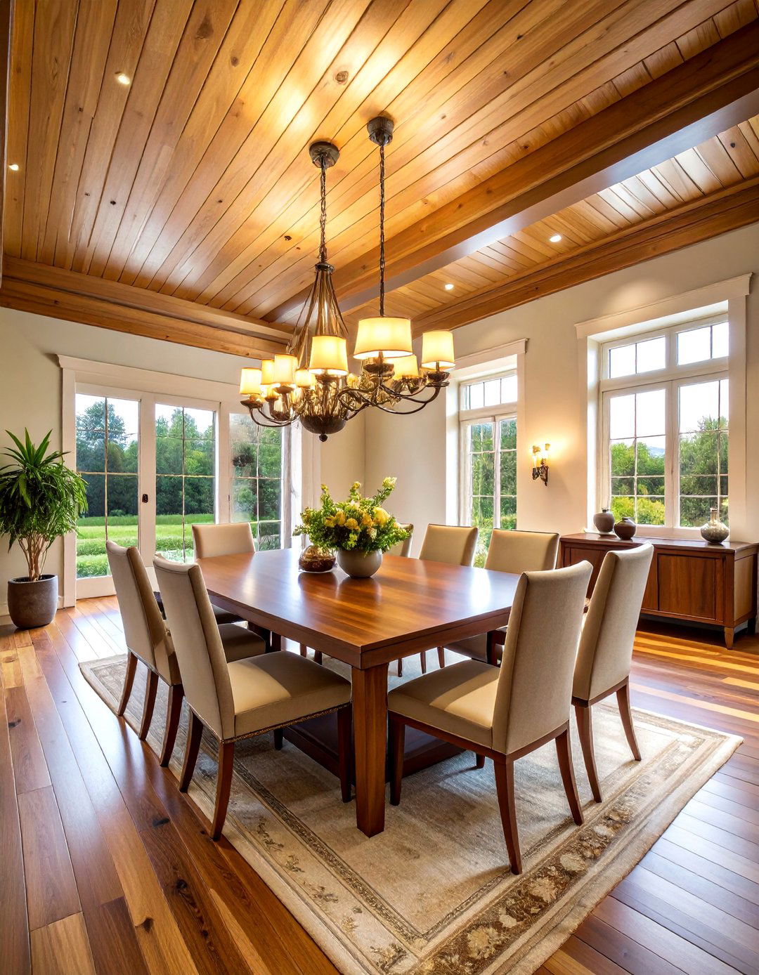 Dining Room Beadboard Ceiling with Statement Lighting - 25 Beadboard Ceiling Design Ideas
