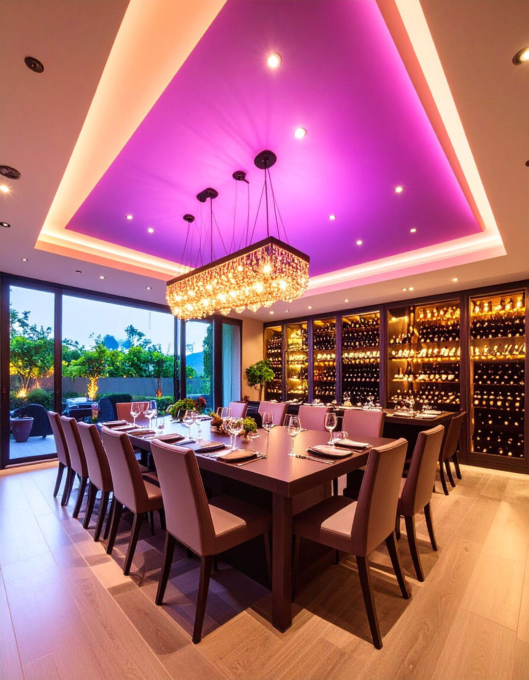 Dining Room Reverse Tray Ceiling with Wine Storage Display - 25 Reverse Tray Ceiling Ideas