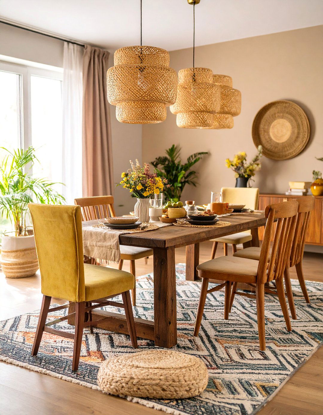 Dining Room with Vintage Wood Table and Textured Accents - 25 Boho Farmhouse Decor Ideas