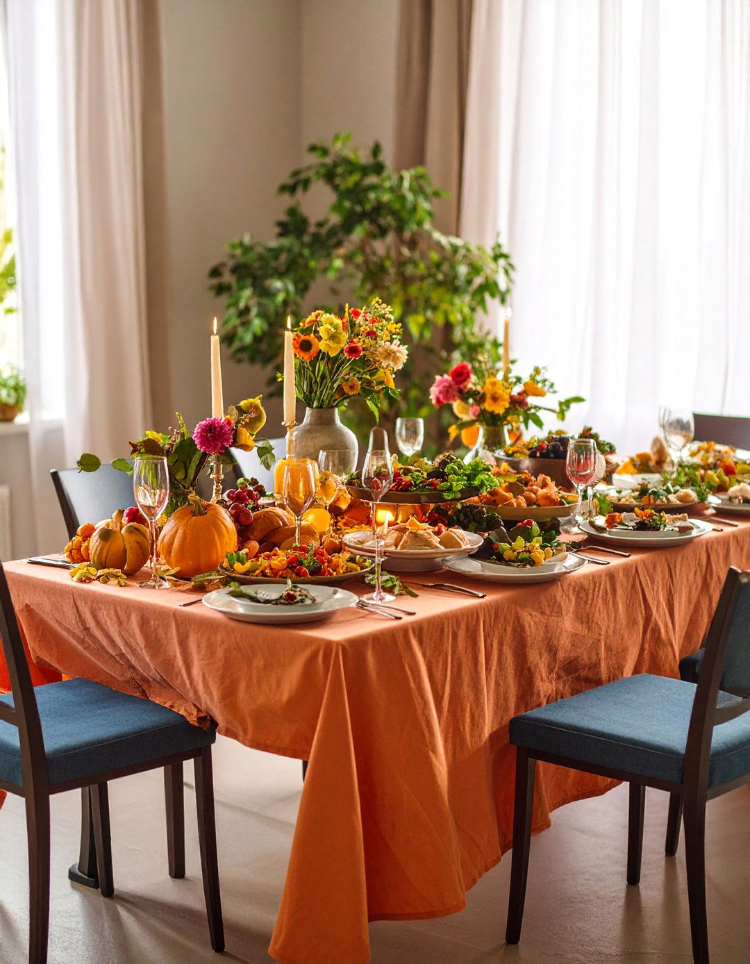 Dining Table Feast Setup with Abundant Food Display - 25 Housewarming Decoration Ideas