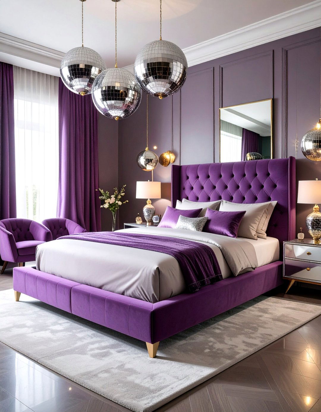 Disco Glam Platform Bed with Mirror Balls - 25 70s Bedroom Decor Ideas