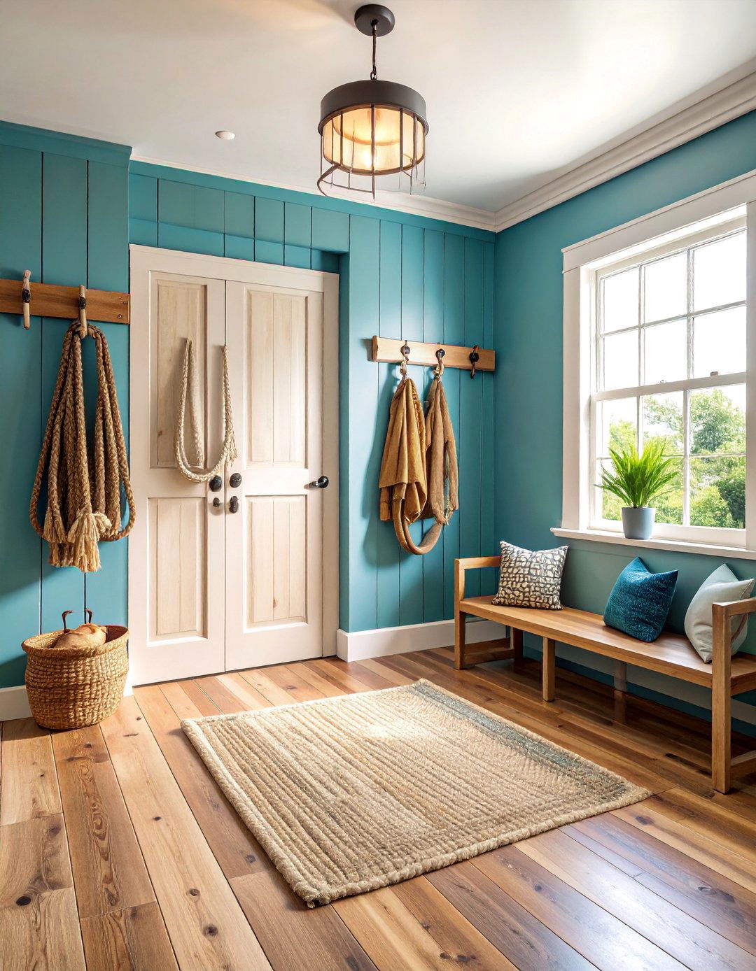 Distressed Barnwood Rustic Wainscoting with Rope and Pulley Accents - 25 Rustic Wainscoting Ideas
