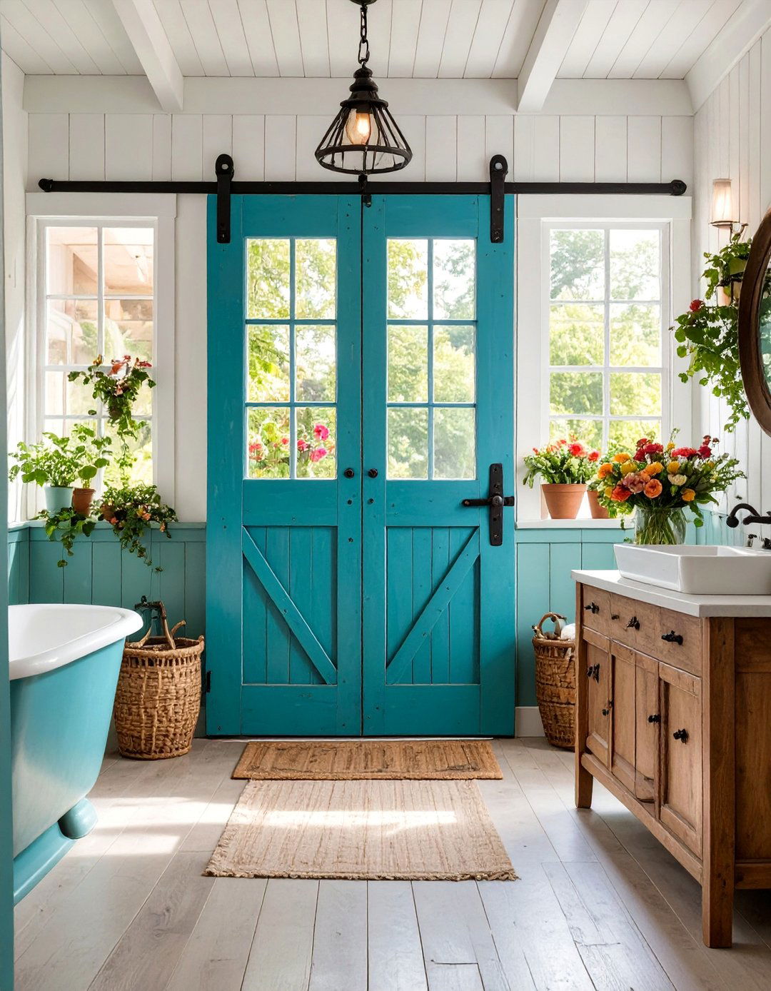 Distressed Paint Finish Barn Door with Wrought Iron Hardware - 25 Bathroom Barn Door Ideas