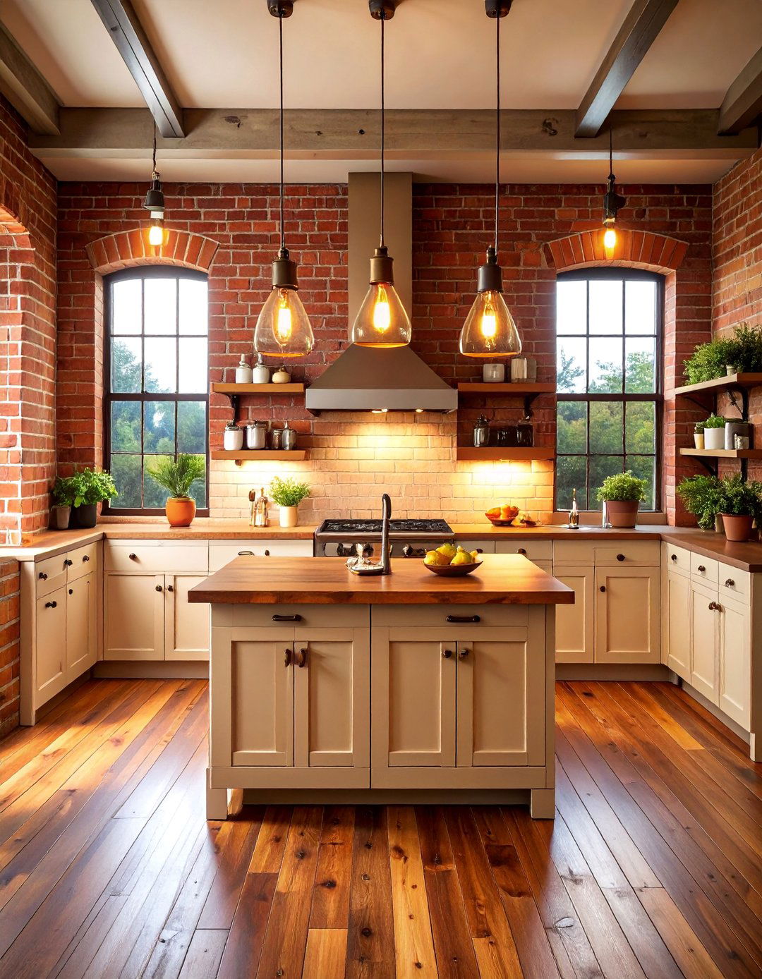 Distressed Red Brick with Vintage Cabinet Hardware - 25 Red Brick Kitchen Ideas