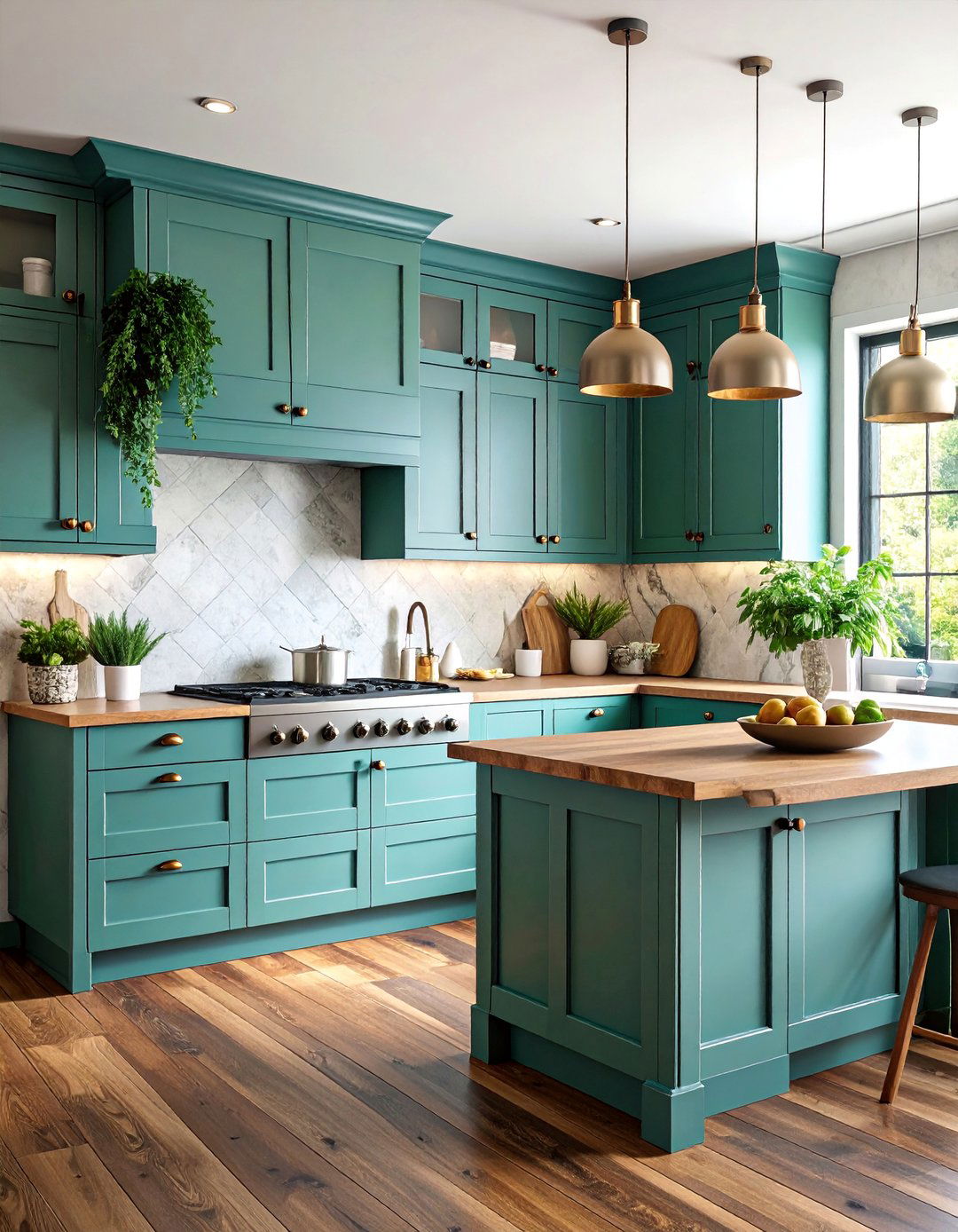 Distressed Sage Green Shaker Cabinets with Stone Backsplash - 25 Rustic Sage Green Kitchen Cabinets
