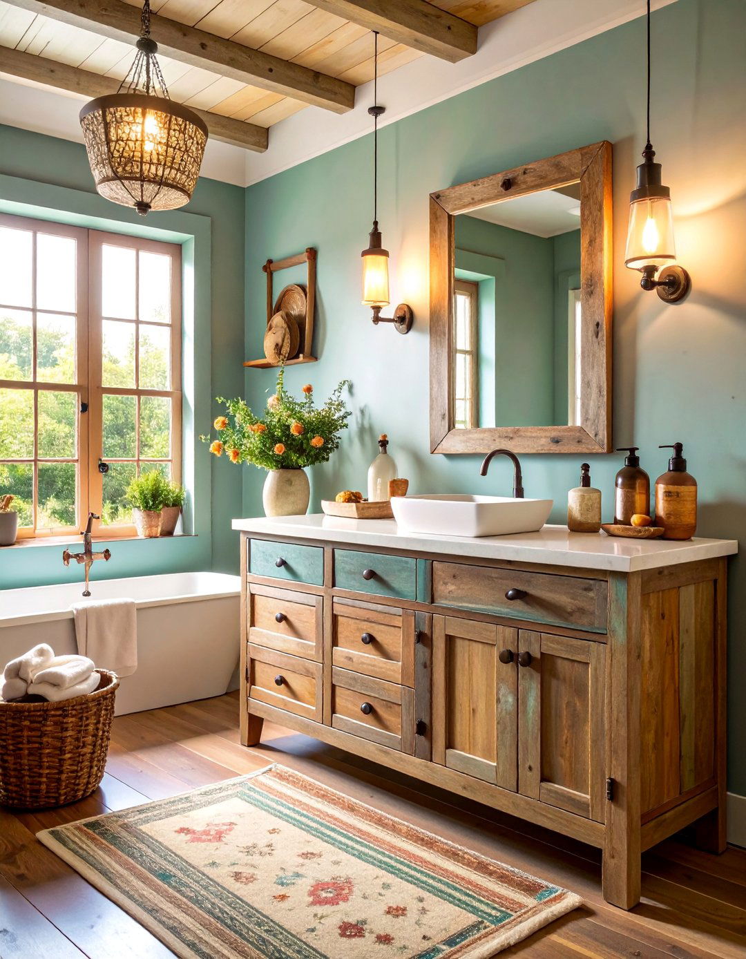 Distressed Vanity Cabinet Country Storage Solution - 25 Country Bathroom Ideas