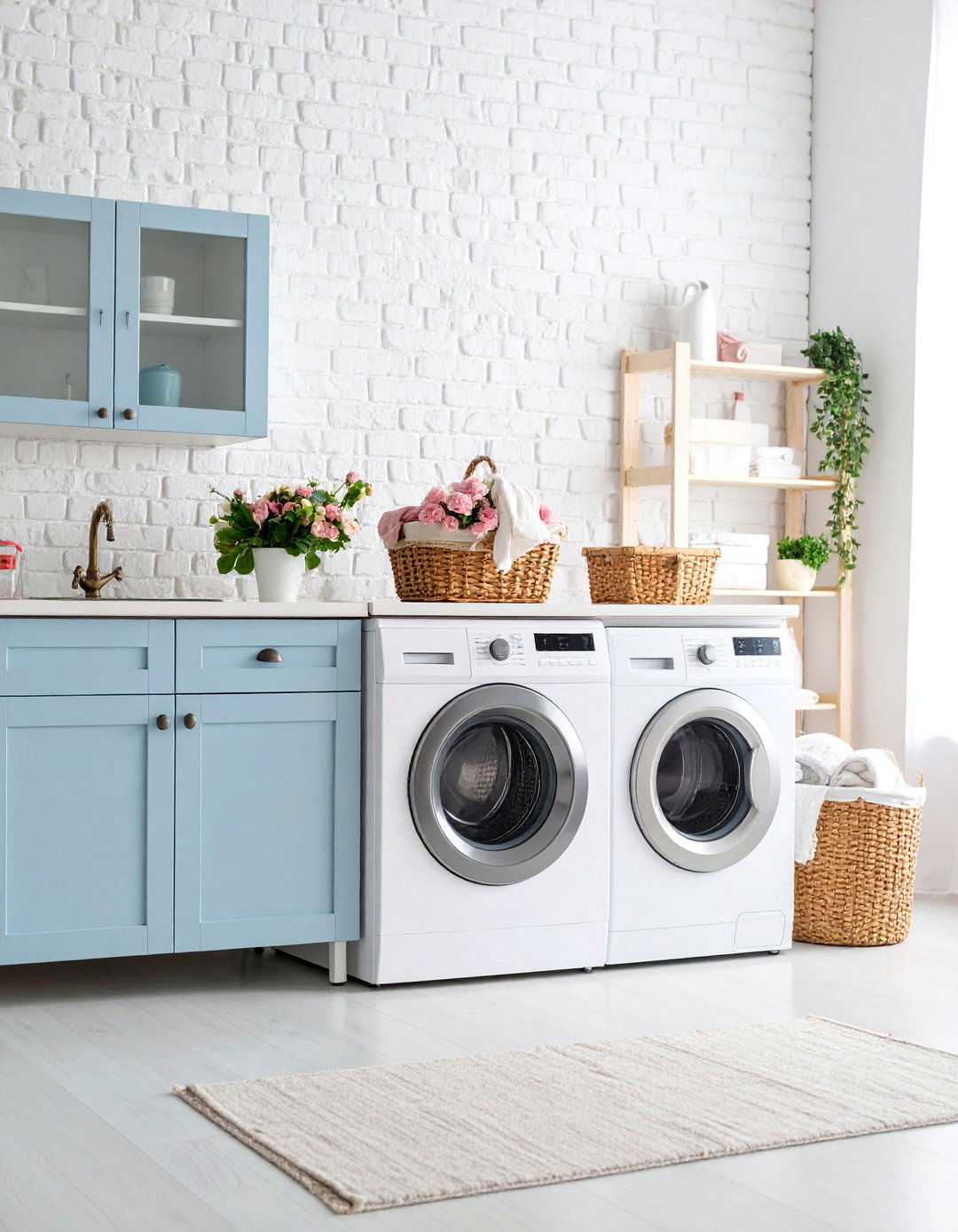 Distressed White Brick with Shabby Chic Romance - 25 Brick Floor Laundry Room Ideas