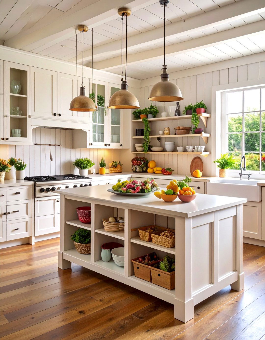 Distressed White Farmhouse Island with Open Shelving - 25 Rustic Kitchen Island Ideas