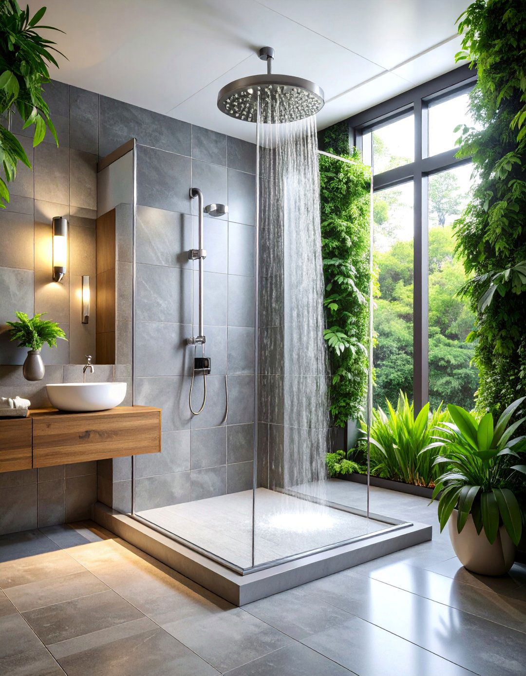 Doorless Walk in Shower with Large Format Gray Tiles - 25 Small Bathroom Walk-in Shower Ideas