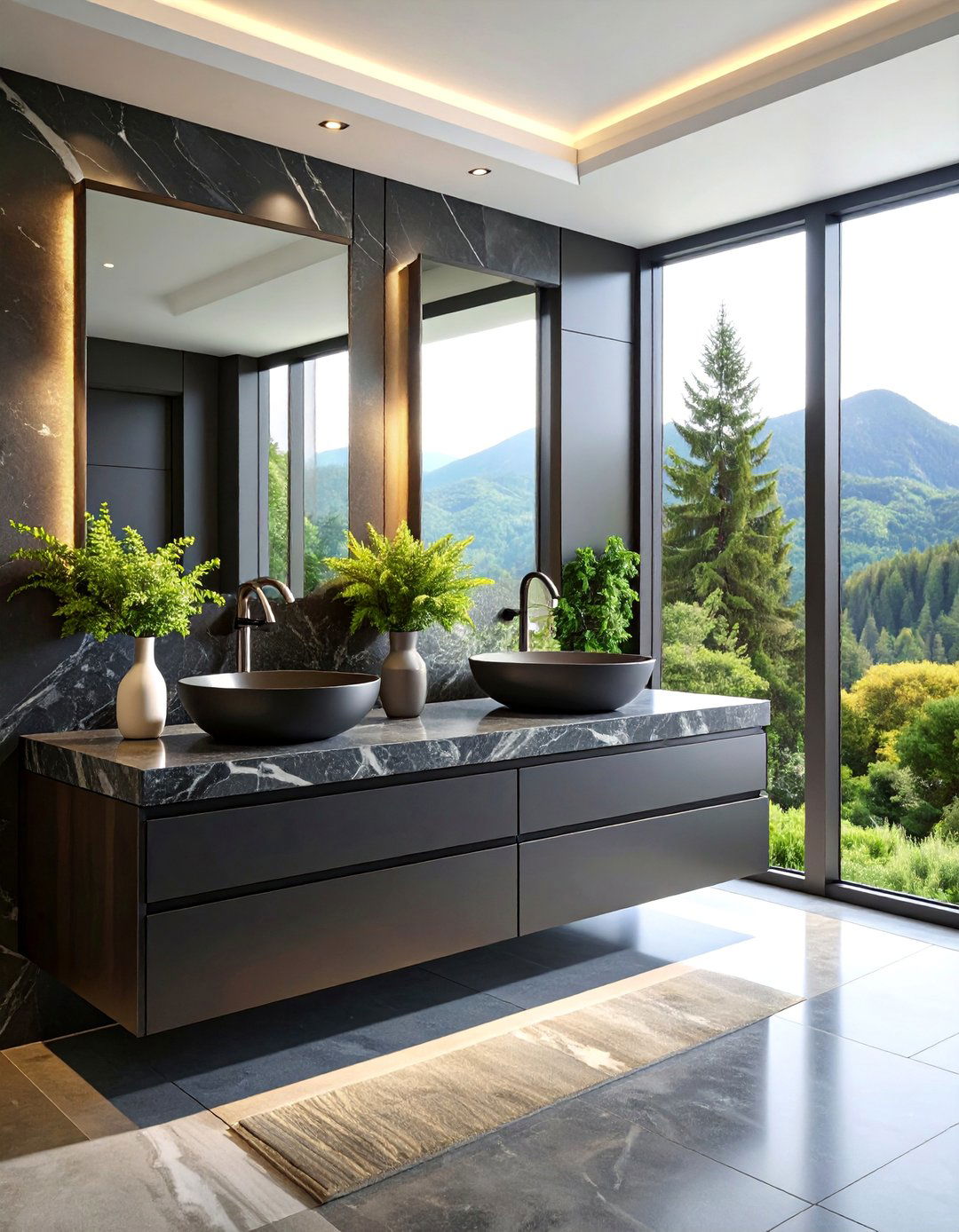 Double Black Vanity with Waterfall Quartz Countertops - 25 bathroom with black cabinets ideas