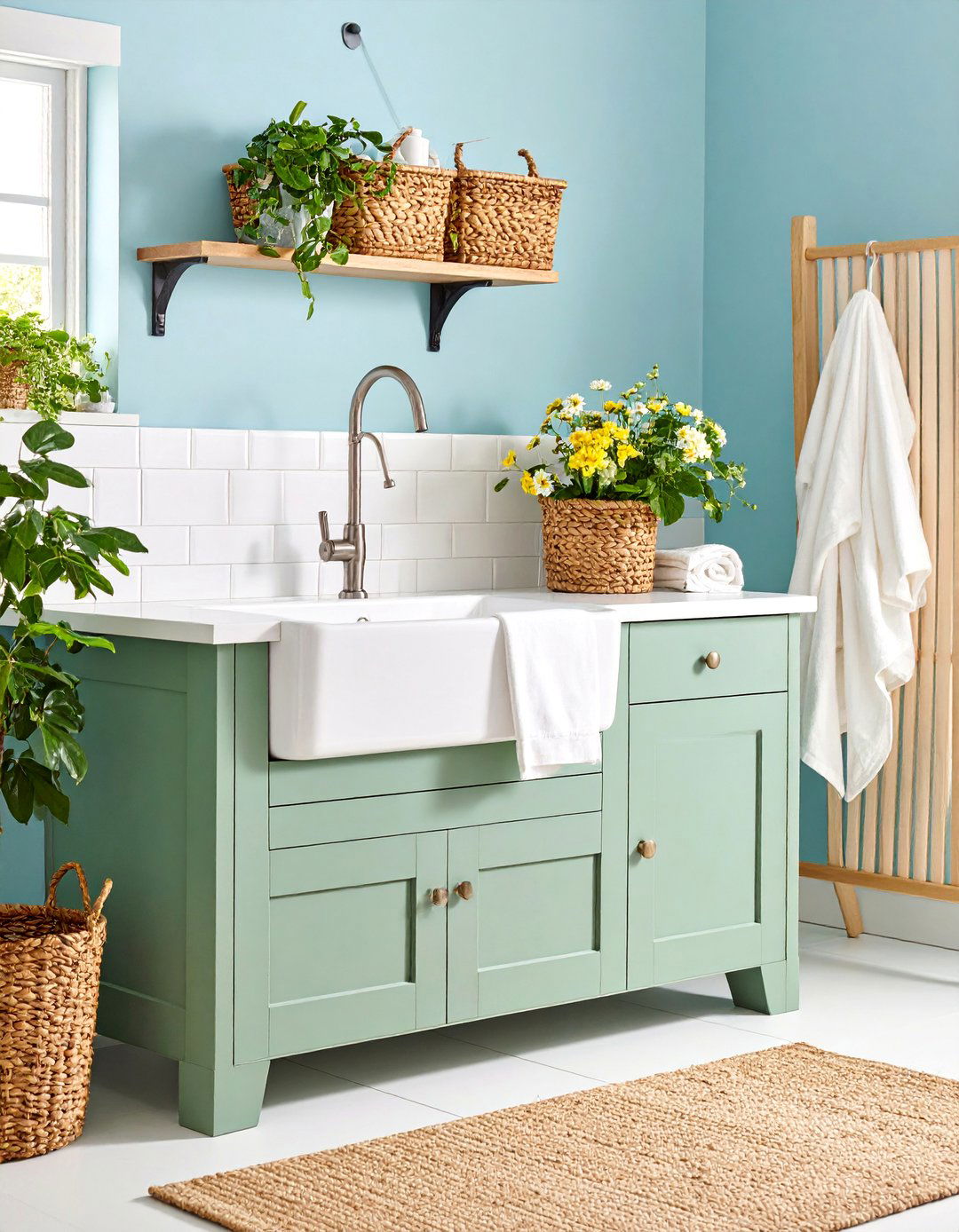 Double Bowl Farmhouse Sink with Vintage Style Faucet - 25 Laundry Room Sink Ideas