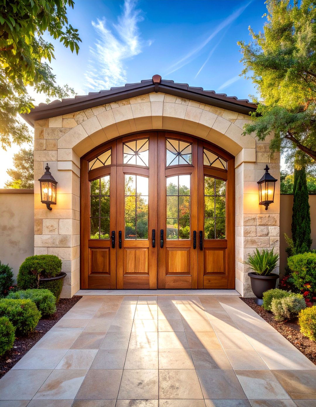 Double Door Tuscan Entry with Glass Panels - 25 Mediterranean Front Door Ideas
