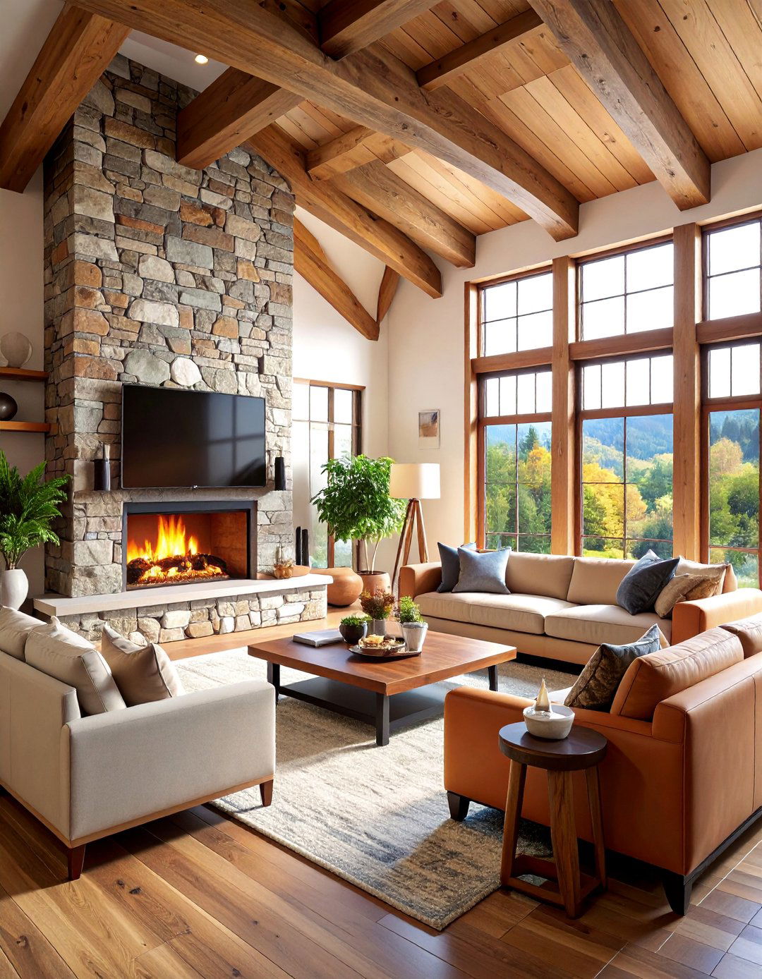 Double Height Ceiling with Grand Scale Elements - 25 Tv Over Fireplace Ideas