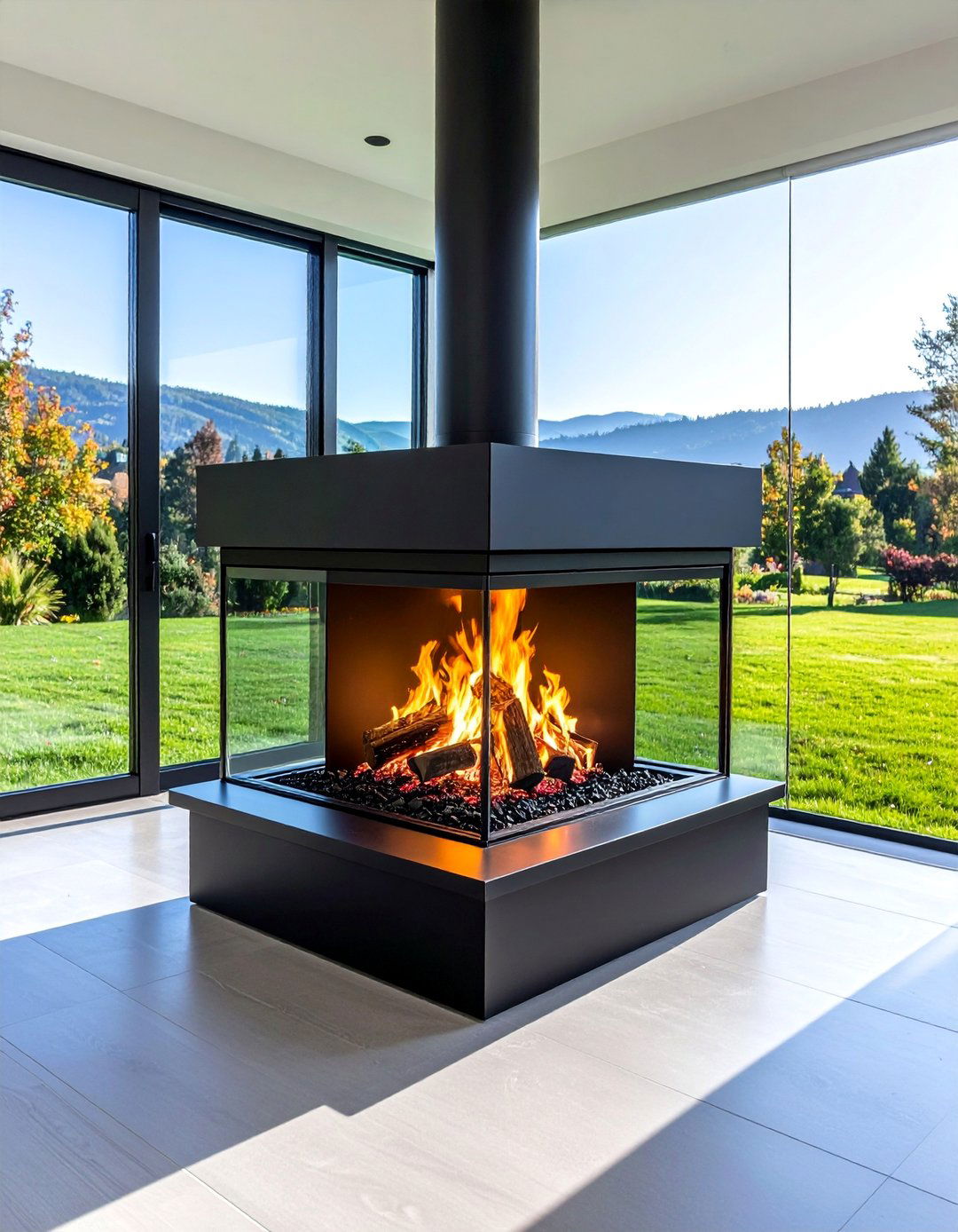 Double Sided Black Glass Fireplace - 25 Black Fireplace Ideas