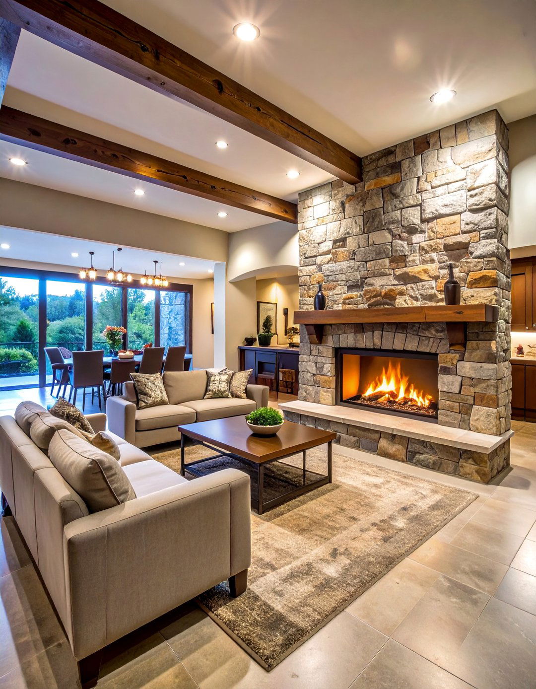 Double Sided Fireplace Dividing Basement Family Room and Bar Area - 25 Basement Fireplace Ideas