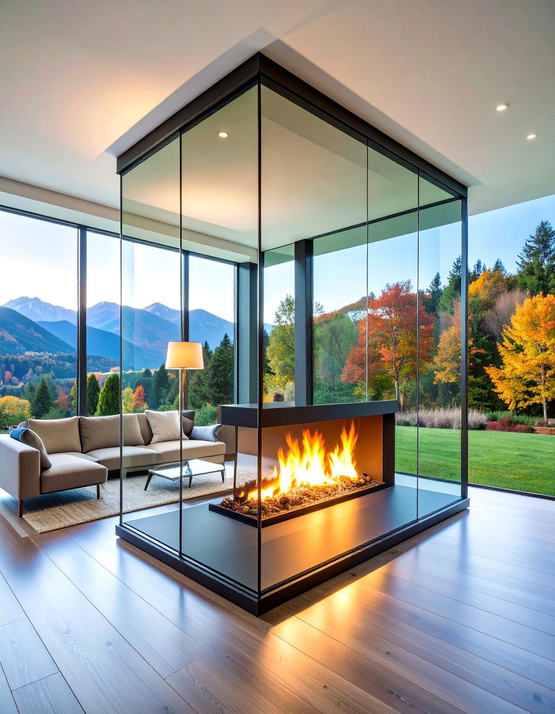 Double Sided Glass Floor to Ceiling Fireplace - 25 Floor to Ceiling Fireplace Ideas