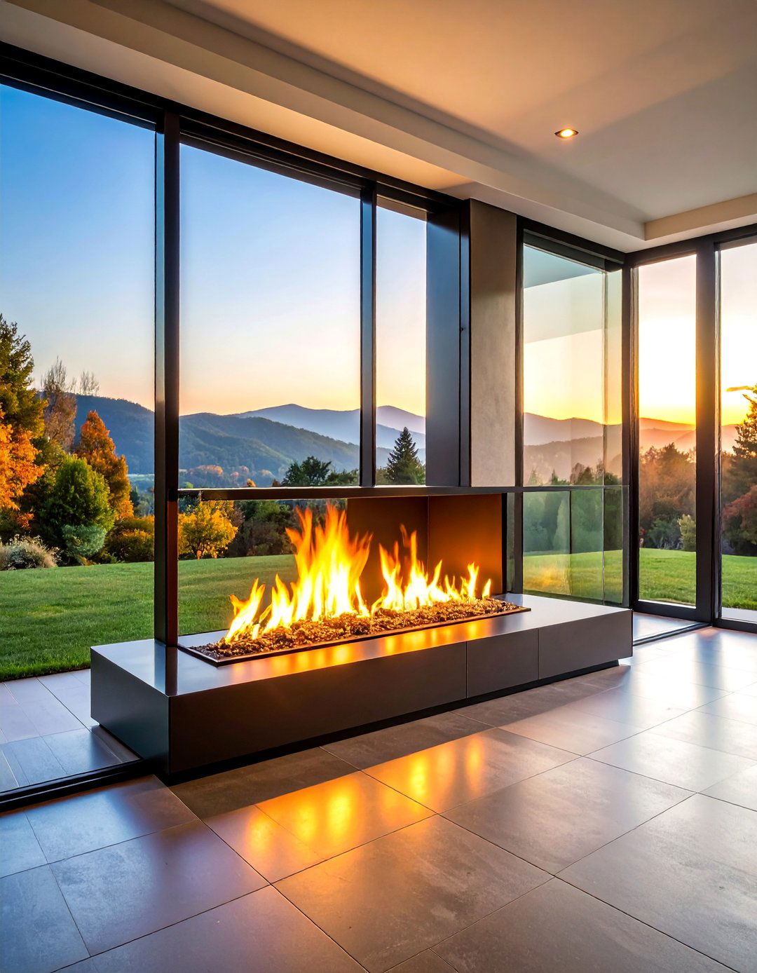 Double Sided Glass Room Divider Fireplace - 25 Mid-century Modern Fireplace Ideas