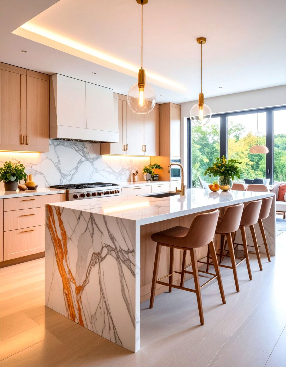 Double Sided Marble Waterfall Island - 25 Waterfall Kitchen Island Ideas