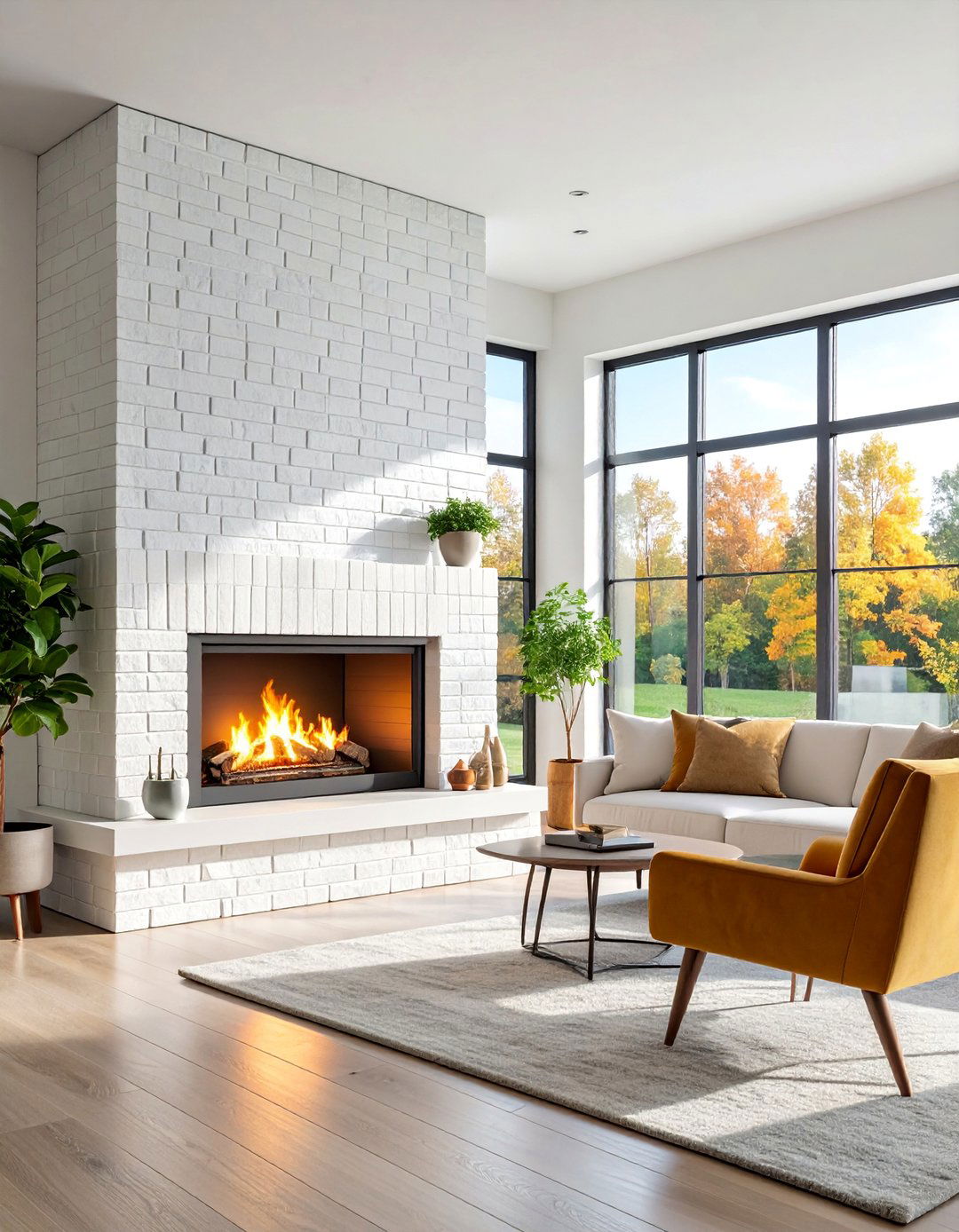 Double Sided White Brick Fireplace with Glass Panels - 25 White Brick Fireplace Ideas