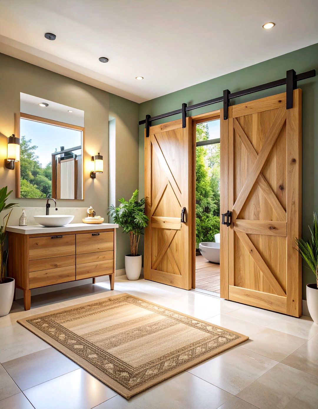 Double Sliding Barn Doors with Natural Wood Finish - 25 Bathroom Door Ideas