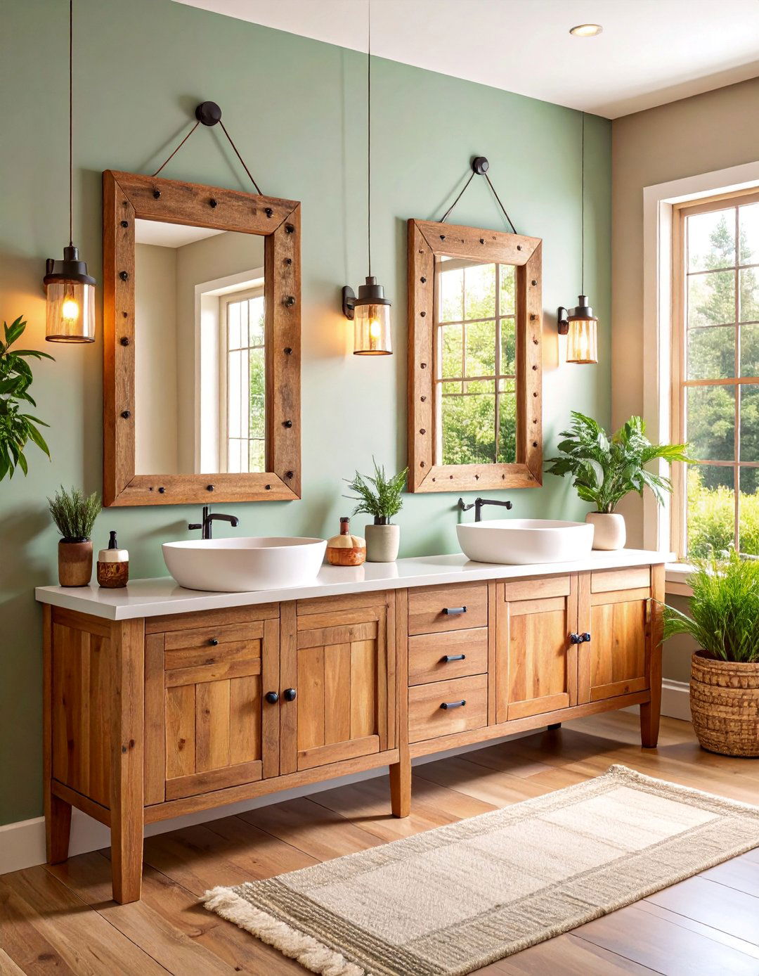 Double Vanity Mirror Set with Matching Wooden Frames - 25 Farmhouse Bathroom Mirrors Ideas