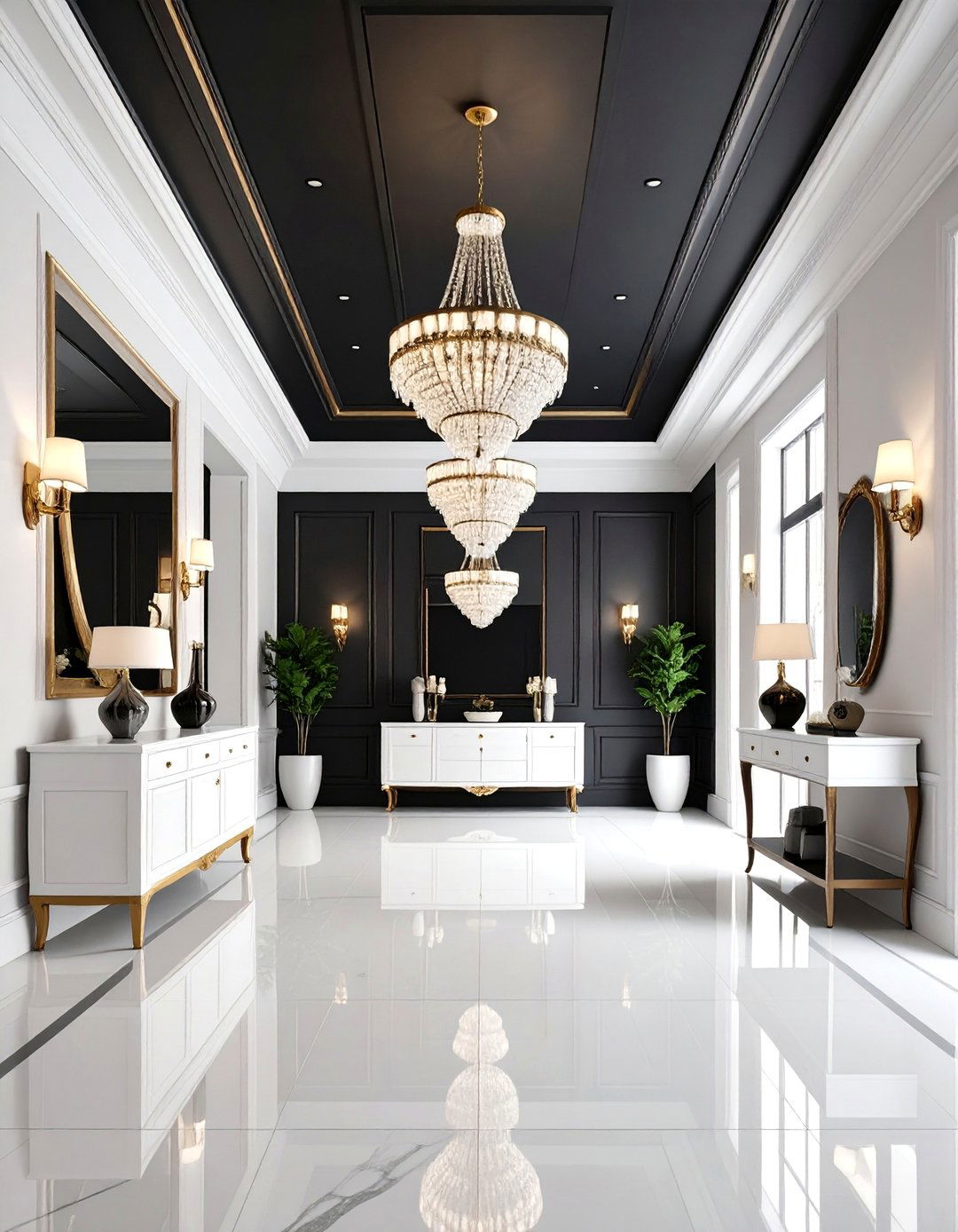 Dramatic Black Ceiling with White Furniture - 25 Black and White Entryway Design Ideas