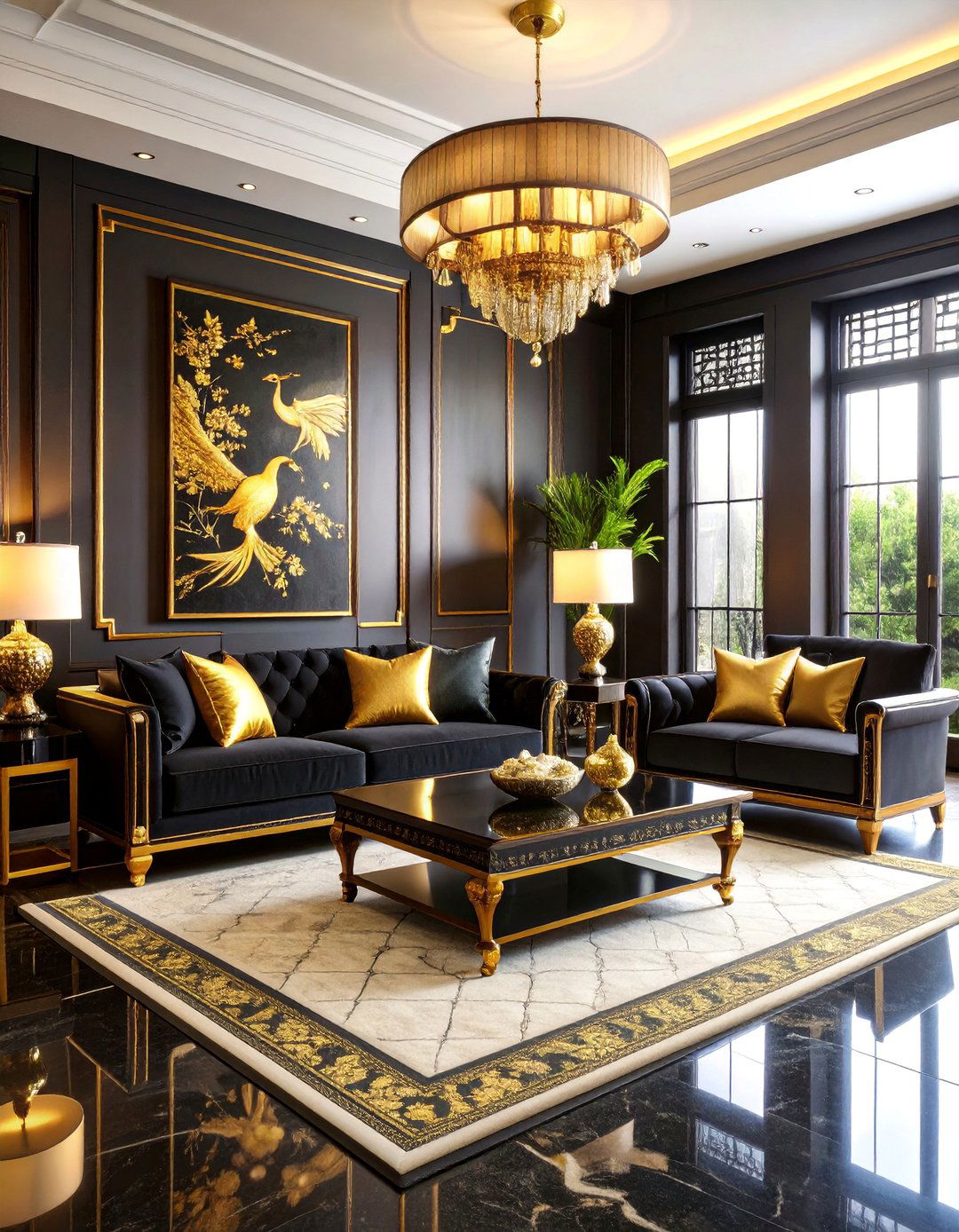 Dramatic Black Lacquer and Gold Living Room - 25 Chinoiserie Living Room Ideas